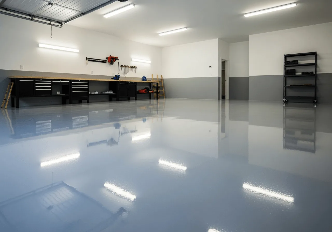 Epoxy coated concrete floor in modern workshop