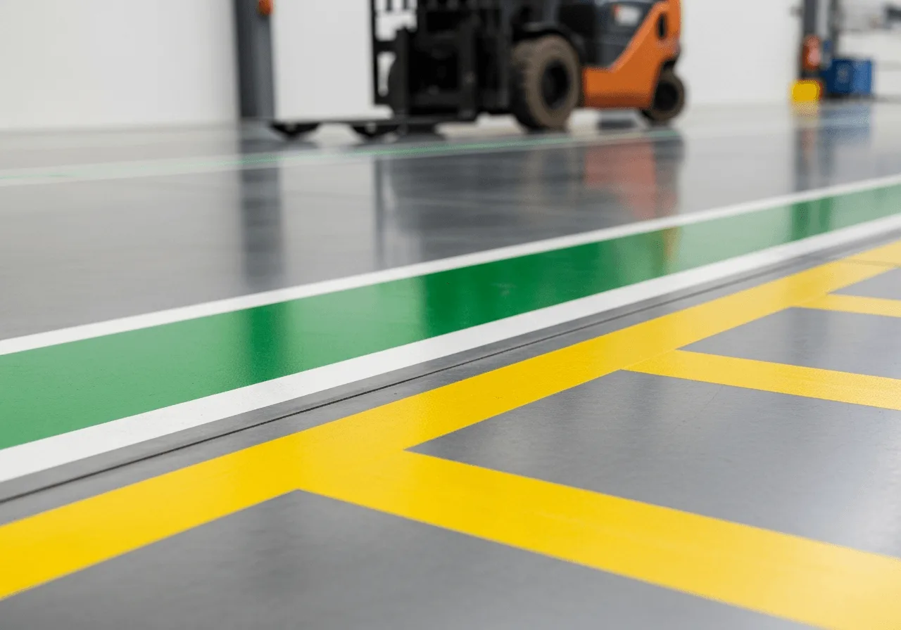 Warehouse safety floor markings with pedestrian walkways